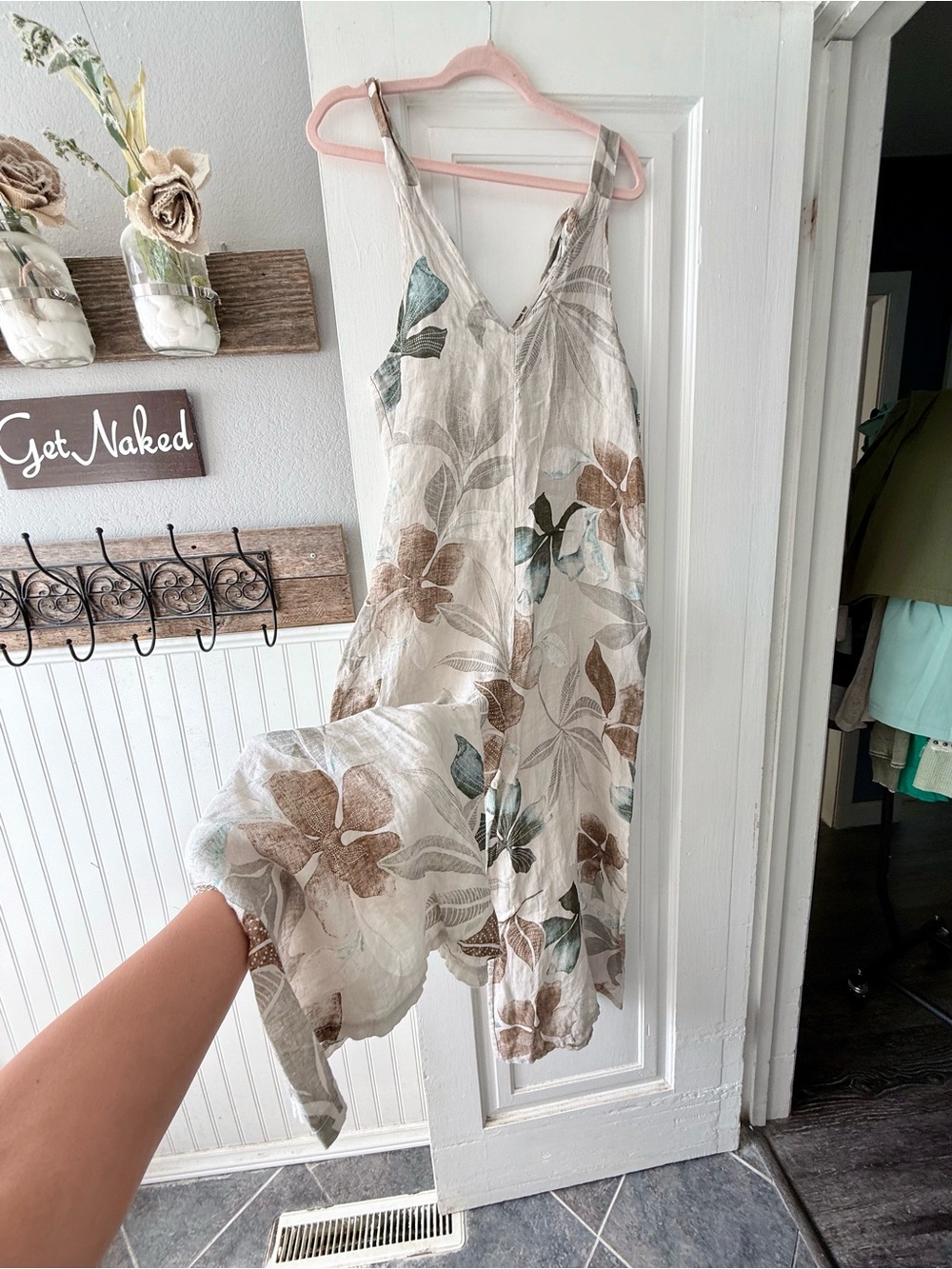 Linen- Floral Wide-Leg Jumpsuit in Cream & Brown